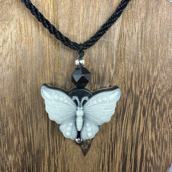 Tai Chi Stone Butterfly Pendant Necklace on Adjustable Black Rope - Picture 4 of 13